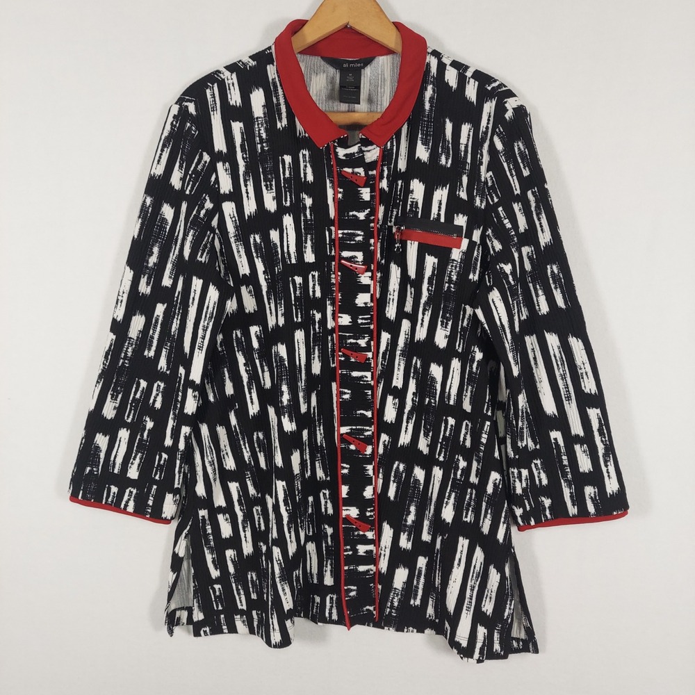 Ali Miles Tunic Top Abstract Toggle Button Textured Jacket Collar M Multicolor